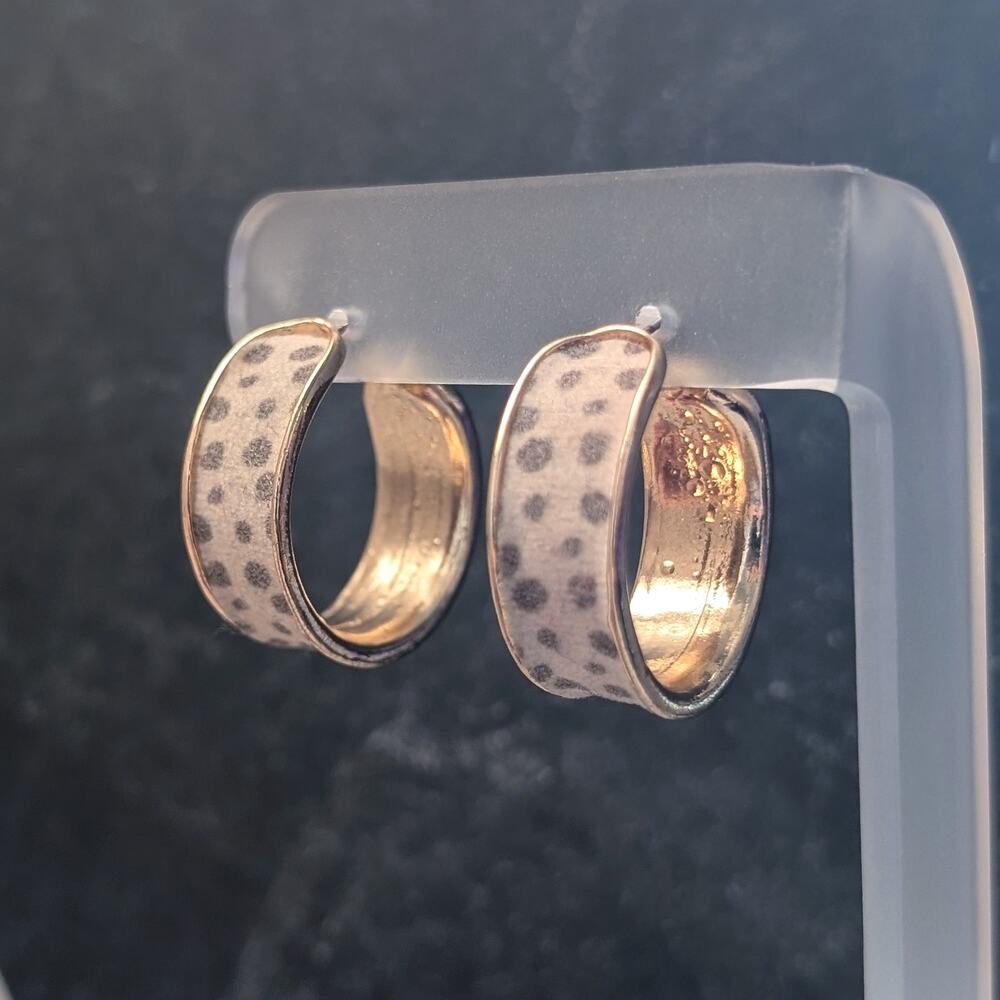 Vintage Stud Earrings Large Cream, Fawn and Gold Tone Hoops - Just Over 1"